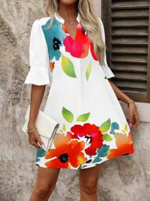 SHEIN Clasi Colored Hibiscus Placement Print Holiday Casual Short Women Dress  Gifts For Mother  Chill Vacation  Springbreak,Island Vacation Outfits - Multicolor - View 1