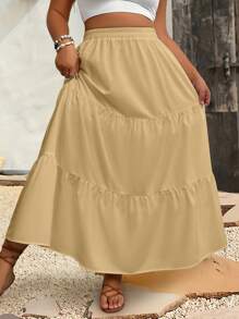 Breezaya 大码休闲纯色半身裙长裙 - 卡其色 - 查看 5