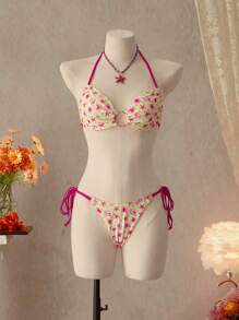 Bellisia Women's Shell & Starfish Print Halter Neck Bikini Set For Summer Beach Vacation - Multicolor - View 1