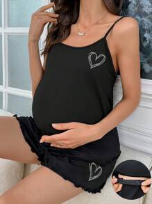 SHEIN Set di pigiama da allattamento comodo in seta di latte con stampa a cuori tinta unita