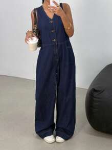 SHEIN Pantalones vaqueros anchos con lavado desteñido y cuello en V oversize para adolescentes, peto vaquero con bolsillos sesgados, pantalones cortos con estilo bohemio para verano y playa, conjuntos casuales para conciertos y festivales, conjuntos para usar en verano, brunch, iglesia, graduación y vuelta al colegio