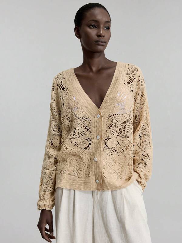Ontre Cárdigan de punto calado para mujer 2025, minimalista y elegante de estilo romántico europeo para uso casual de negocios en verano, ideal para el 4 de julio, el Orgullo, vacaciones, playa, cumpleaños, fiestas, color lino