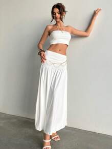 Aloruh 2pcs/Set Women Solid Cropped Bandeau Top & Mini Skirt Sets, Vacation