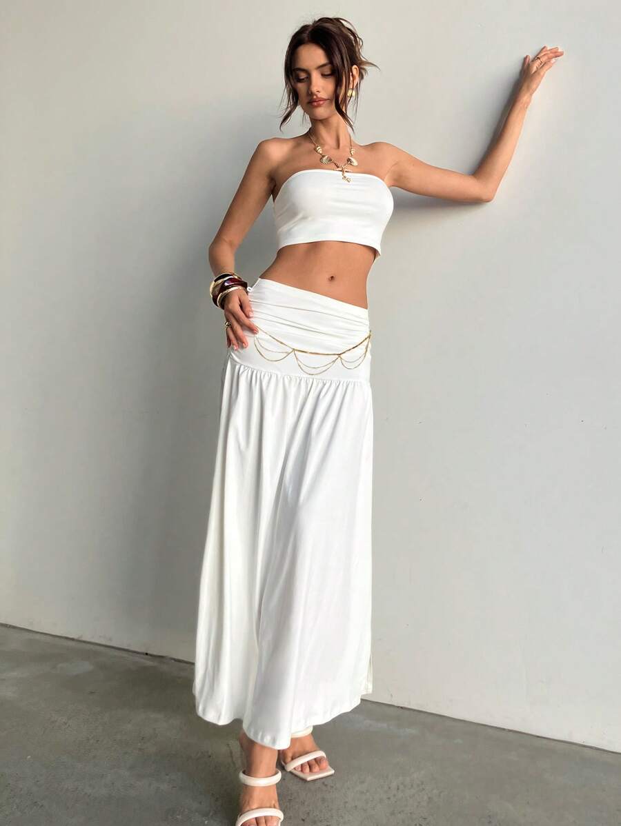 Aloruh 2pcs/Set Women Solid Cropped Bandeau Top & Mini Skirt Sets, Vacation