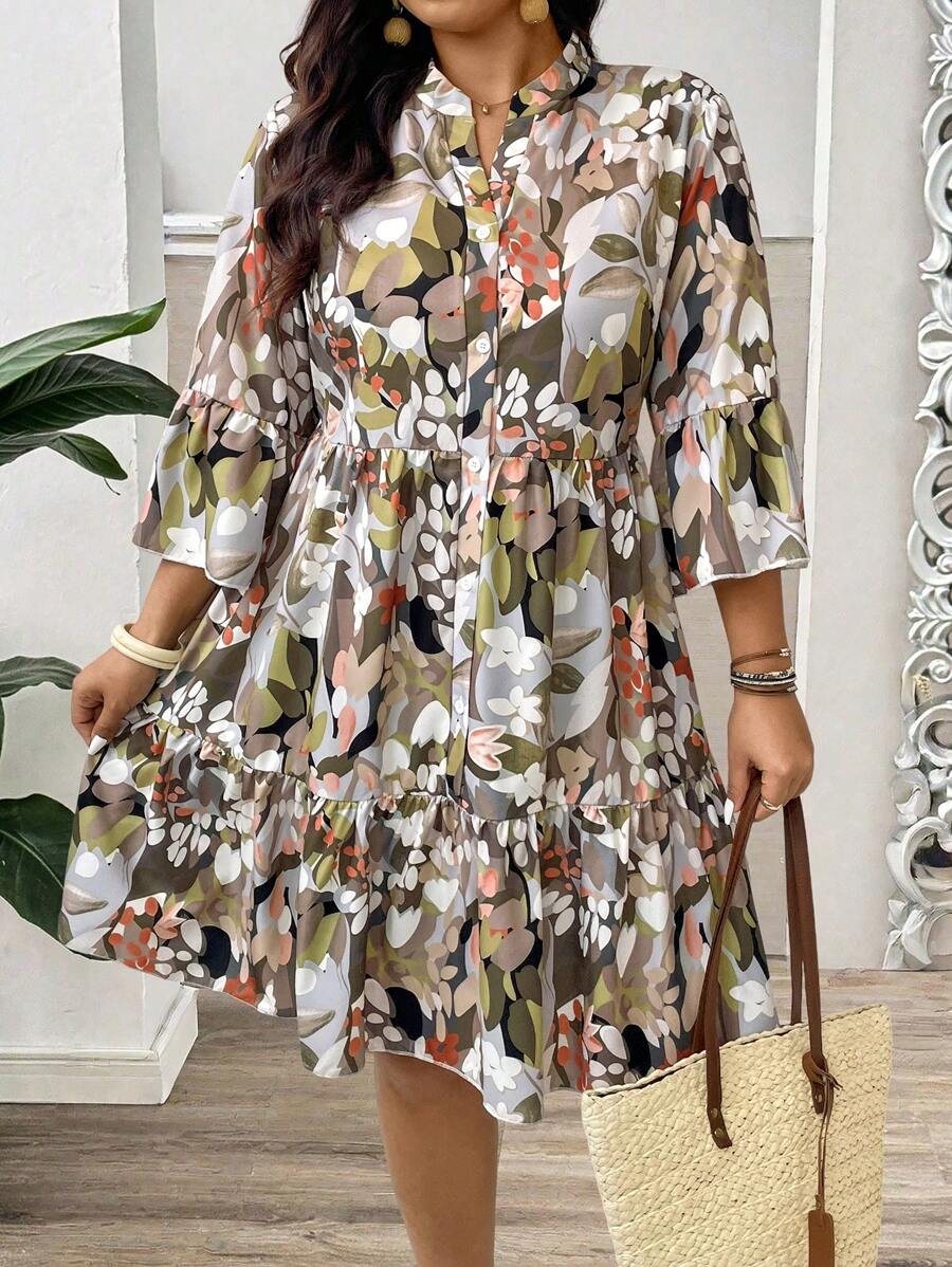 Breezaya 大码女式印花休闲度假半袖纽扣立领波浪下摆中长连衣裙 - 彩色 - 查看 1