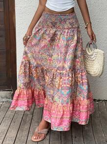 Sunnyshic Paisley Print Boho Style Long Skirt With Layered Ruffles Hem, Waistband, Elegant Ladies Summer Casual/Beach Skirt - Multicolor - View 3