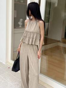 DAZY 2 pezzi/set Top alla halter con volant a righe e pantaloni casual da donna