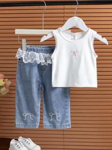 SHEIN Dziewczęcy letni nowy koreański styl uroczy zestaw, kokardka haftowana dzianinowa prążkowana kamizelka + koronkowe patchworkowe długie spodnie dżinsowe śliczny strój