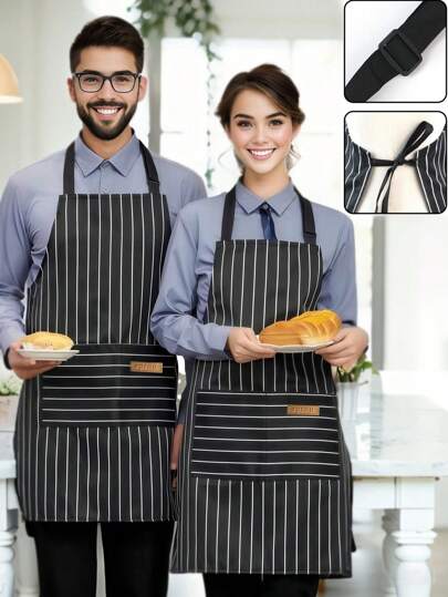 SHEIN 1/2PCS Striped Halter Neck Apron - Oil Resistant Kitchen Apron With 2 Pockets, Adjustable Ties For Cooking & Cleaning, Unisex Chef Apron For Home & Restaurant Use