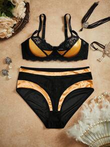 PinupGlam 2pcs Curvy Vintage Romantic Sexy Lingerie Set: Underwired 1/4 Cup Criss-Cross Floral Lace Satin Sheer High-Waist Panty, Plus Size, Black & Bronze, Club Party