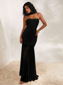 Opulessa Vestido maxi ajustado y de sirena con hombros descubiertos, tejido de punto y malla de un solo color para mujeres - Negro - Ver 4