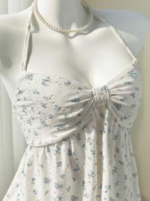 Elamini Yellow Delicate Ditsy Floral Hollow V-Neck Sexy Backless Sleeveless Crop Top, Spring/Summer