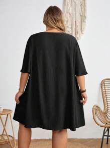 SHEIN CURVE+ Plus Size Vacation Casual Solid Color Lace Patchwork Dress,Summer Dresses For Women,Flowy Dress - Black - View 2