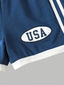 SHEIN 新品上市 男童休闲舒适标语印花拼接短裤，夏季 - 寶藍色 - 查看 6