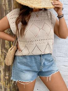 SHEIN VCAY Plus Size Women Summer Short Sleeve Crochet Knit Top 2025, Openwork Cropped Casual Island Vacation Honeymoon Vacation Beach Western Boho Rave Festival Summer Graduation