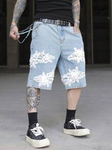 Manfinity EMRG Men's Floral Applique Pocket Casual Versatile Denim Shorts