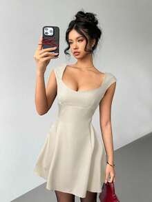 Aloruh Váy Mini Trơn Màu Thanh Lịch Cho Nữ Mùa Hè - Màu be - Xem 3