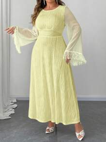 Elenzga Vestido maxi de línea A con cuello redondo, mangas acampanadas, textura de punto, cintura ceñida, para mujeres de talla grande. Vestido casual de cumpleaños para mujeres, ropa de verano y otoño para mujeres. - Amarillo - Ver 4