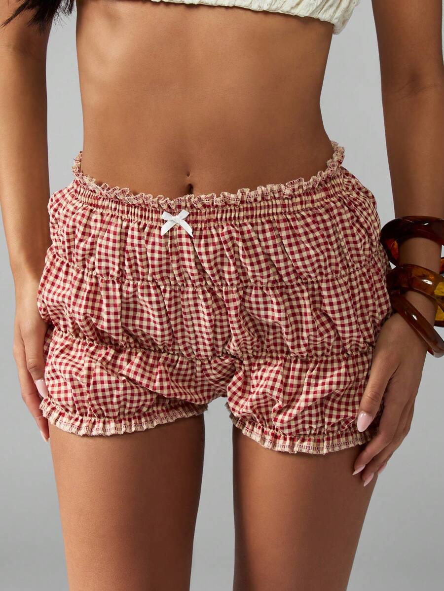 MISSGUIDED Ruffle Layered Gingham Bloomer Short Summer Beach Holiday Tiered Cotton Blend High Waist Ruffle Trim Casual Boho Festival Puff Style Short - Red and White - View 1