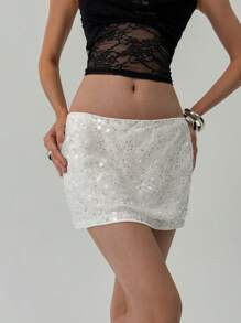 Aloruh Mini-jupe moulante pour soirée basse taille femme en maille pailletée et brillante - Blanc - Voir 6