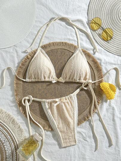 Swim Mod Women's Summer Jacquard Fabric Spaghetti Strap Ruffle Bow Sexy Bikini Set