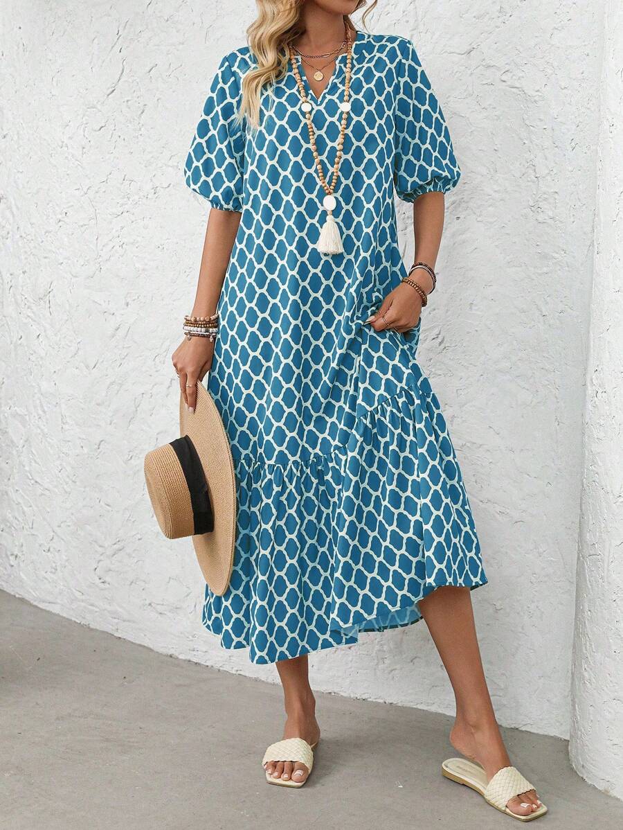 EMERY ROSE Women's Geometric Print V-Neck Short Puff Sleeve Long Dress - Blue - View 1