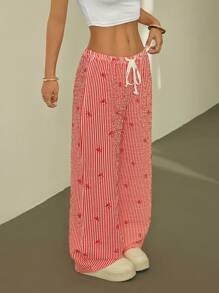 SHEIN PETITE Elegant Low Waist Sexy Out Comfortable Trousers, Bow Striped Print Versatile Long Pants - Red - View 3