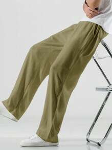 Claim Dot Pantalones largos de unicolor con cordón en la cintura para hombres, uso casual diario, otoño - Verde militar - Ver 3