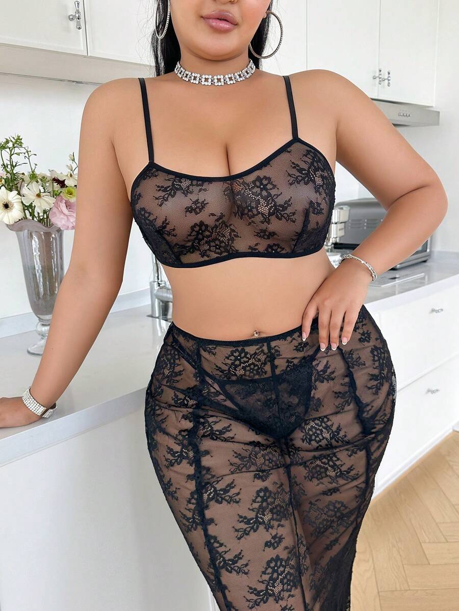 SHEIN Bộ đồ lót ren gợi cảm 3 món cỡ lớn - màu đen - Xem 1