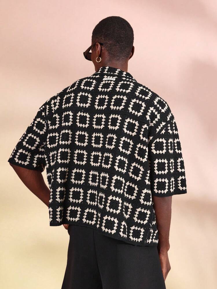 Men Oversized Crochet Knit Button Down Cardigan