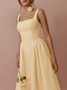 Enchnt 1pc Women Square Neck Pleated Sleeveless Elegant Dress Butter Yellow Dress - Yellow - View 5