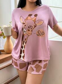 长颈鹿印花休闲大码短袖短裤套装 - 粉色 - 查看 6