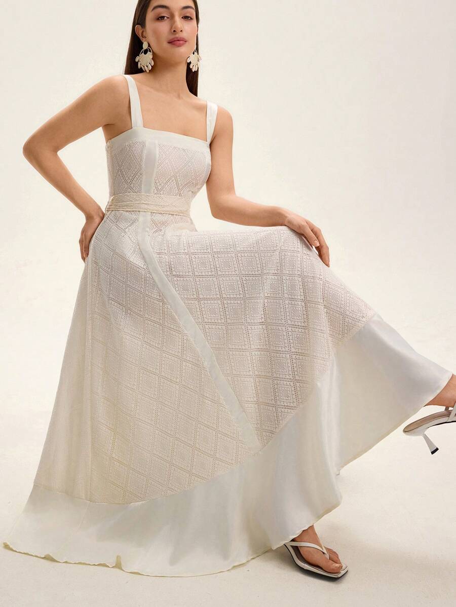BELROSIE New French Style Sleeveless Mesh Patchwork Thick Satin Maxi A-Line Dress For Women Elegant FashionableOld Money Style  For Summer Spring Fall Autumn - Apricot - View 1