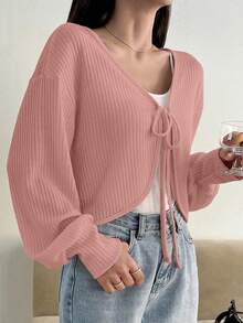 Dazy Plus Camiseta de manga larga con cuello en V y cordón, unicolor, corta, tallas grandes, para primavera/verano y otoño