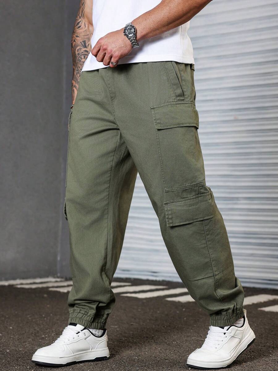 Manfinity Homme Plus Size Men's Solid Color Simple Casual Jeans - Olive Green - View 1