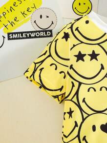 SmileyWorld® | SHEIN Baby Boy Cartoon Smiling Face Pattern Yellow Cute Playful Hooded Romper Set