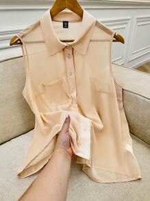 Flirla Camisa plus size de cor sólida com bolso frontal e botões, carcela, casual de verão, sem mangas - Damasco - Ver 3