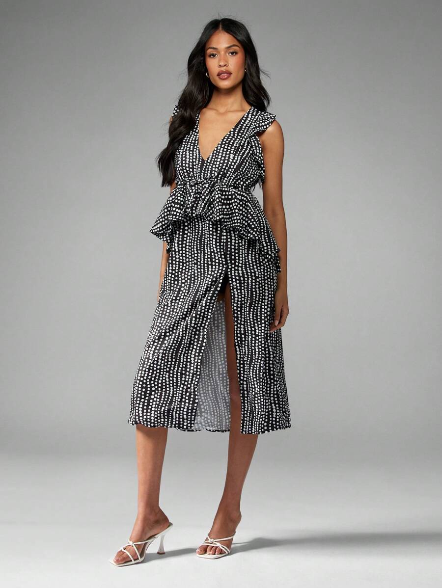 MISSGUIDED Elegant Polka Dot Ruffle Peplum Midi Dress With High Slit Party Evening Wedding Guest V-Neck Summer Spring Special Occasion,XS