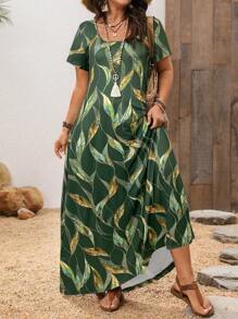 EMERY ROSE Plus Size Women's Autumn Emerald Green Floral Print Short Sleeve Square Neck Maxi Dresses Summer Spring Fall Beach Vacation Boho Safari Bohemian - Green - View 4