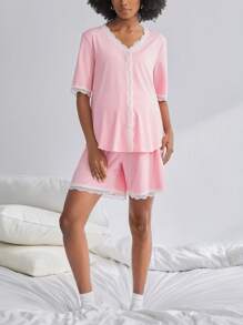 BloomMama Set di pigiama da allattamento con maniche corte, 2 pezzi con pizzo e bottoni, set da camera elegante per il sonno - Rosa - Visualizzare 1