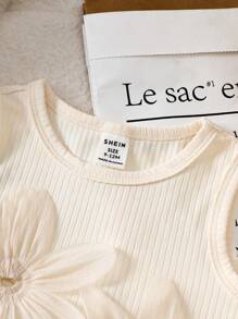 SHEIN 2件套女婴春夏优雅风格花朵装饰无袖上衣和西短裙 - 杏色 - 查看 4