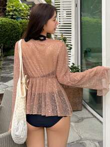 DAZY 女士性感长袖沙滩罩衫亮片度假风 - 香檳色 - 查看 4