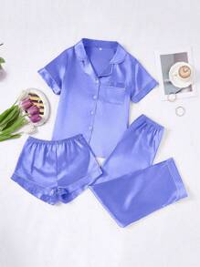 3 PiecesWomen's Contrast Trim Solid Color Faux Silk Pajama Set - Dusty Blue - View 4