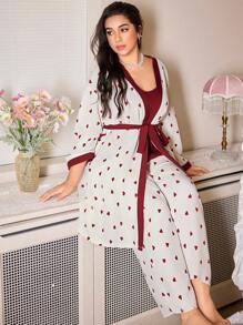 CottageSlumber Plus Size Contrast Color Heart Print Camisole Top And Pants And Robe Pajama Set Holiday Season - Burgundy - View 7