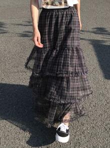 FRIFUL 娇小女式薄纱半身裙，甜美高腰半身裙，春夏格子裙 - 黑色 - 查看 6