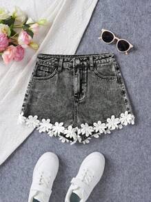 SHEIN Shorts de Mezclilla con Volantes en el Bajo para Adolescentes, Casual & Vacaciones, Verano - Negro - Ver 1