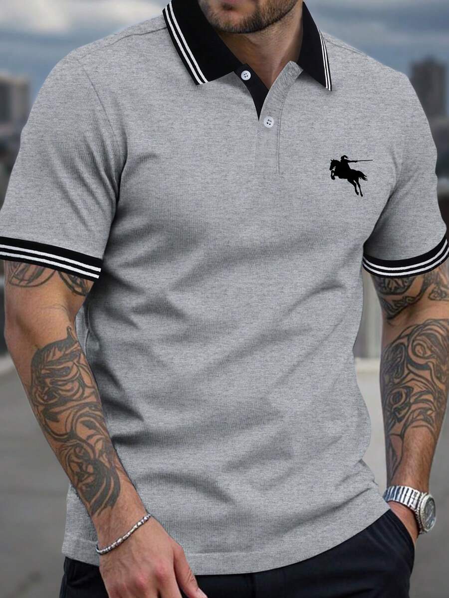 Manfinity Homme 男式骏马印花撞色边短袖 Polo 衫 - 灰色 - 查看 1