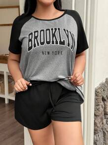 SHEIN Conjunto de pijama de talla grande con estampado de letras en color contrastante, conjunto - Multicolor - Ver 5