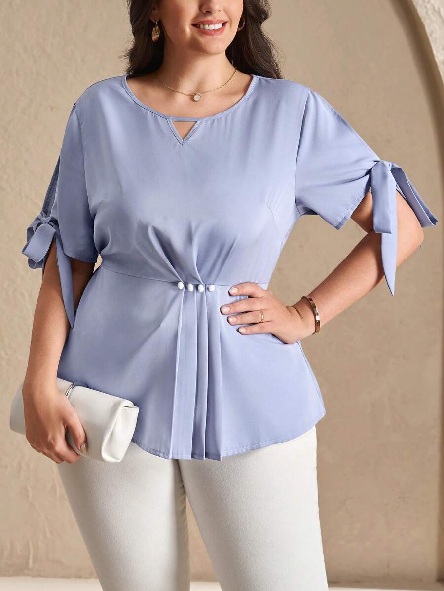 SHEIN Clasi Plus Size Plain Simple Daily Tie Cuff Shirt - Blue - View 1