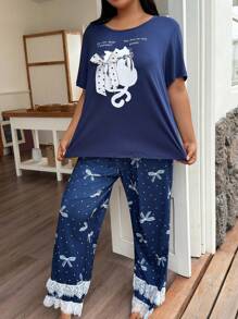 SHEIN Conjunto informal de 2 piezas de pantalones cortos con camisa de manga corta, con lentejuelas en forma de gato, lunares y lazo, de tela de seda de leche suave y confortable, de talla grande y corte holgado